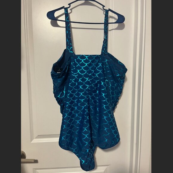 Torrid Slim Fix Wireless Lattice Front One Piece Swimsuit Mermaid Scales Blue 4X - Picture 7 of 8